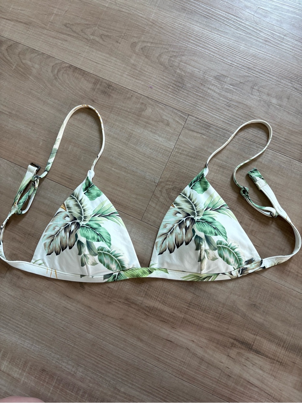 Tropical Leaf Print Triangle Bikini Top - Green on Cream
